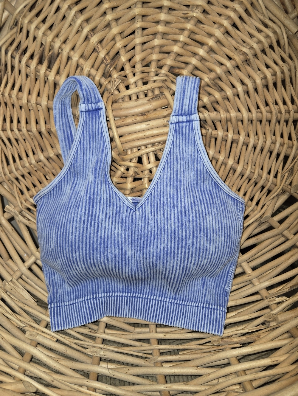 Zenana Washed Blue Ribbed V-Neck Crop Padded Tank
